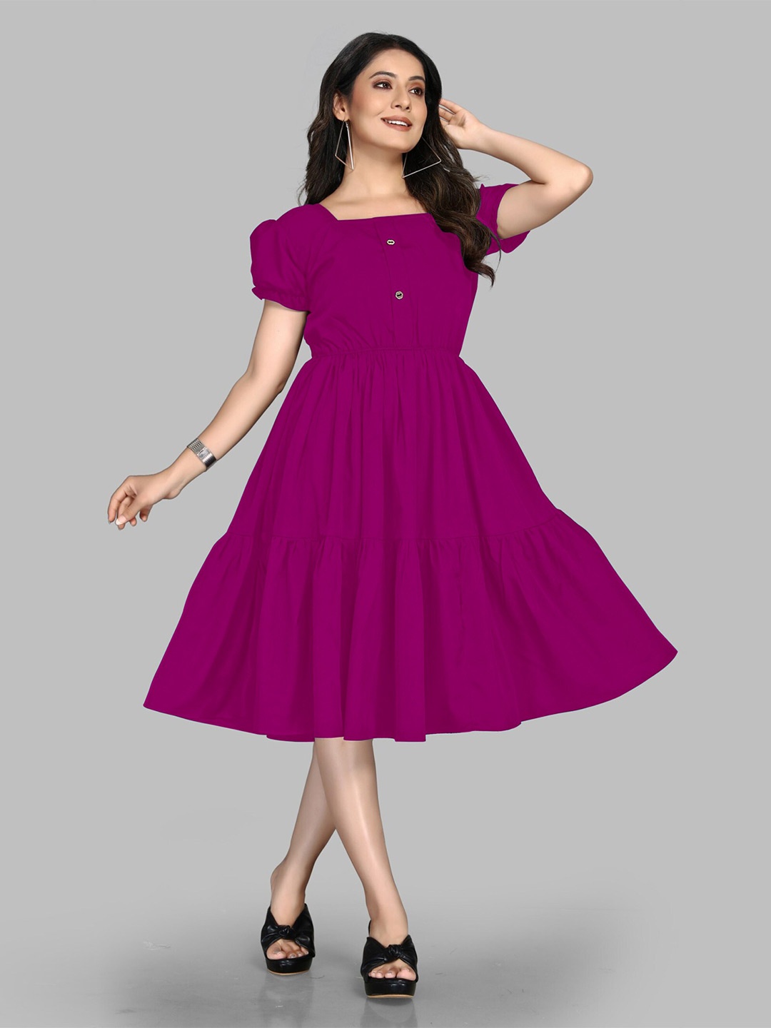 

Femvy Sqaure Neck Puff Sleeves Gathered Tiered Knee Length Fit & Flare Casual Dress, Magenta