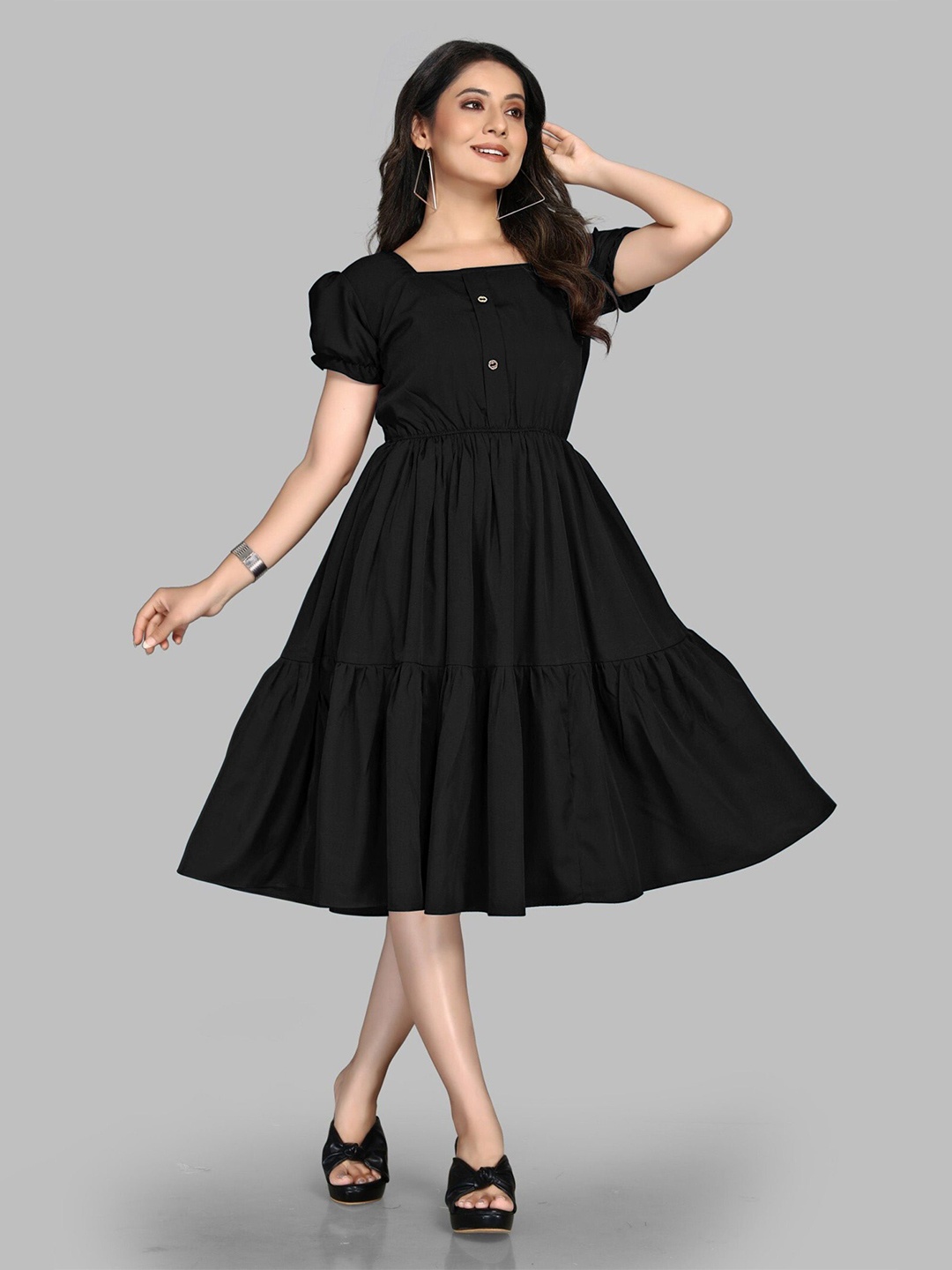 

Femvy Sqaure Neck Puff Sleeves Pleated Knee Length Fit & Flare Casual Dress, Black