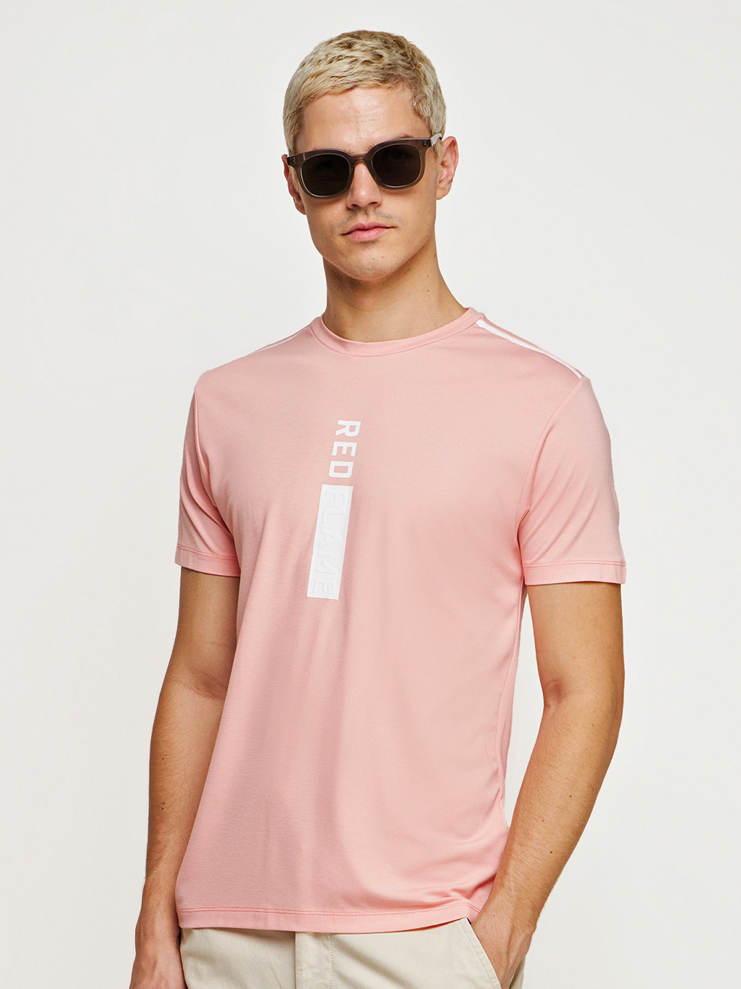 

Red Flame Men Typography Round Neck T-shirt, Pink