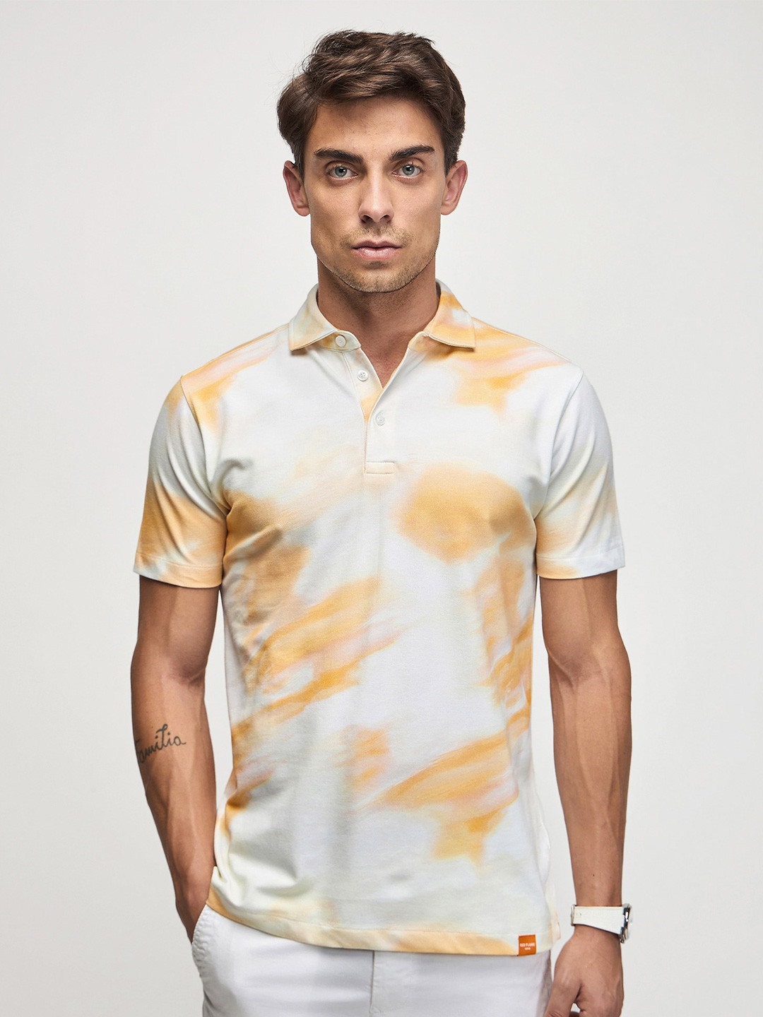 

Red Flame Men Solid Polo Collar T-shirt, Peach