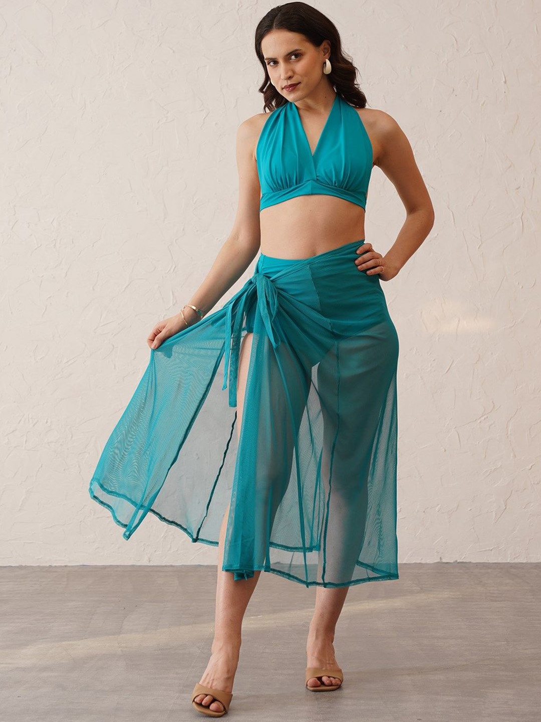 

FXM V-Neck Swimsuit With Coverup Bottom, Teal