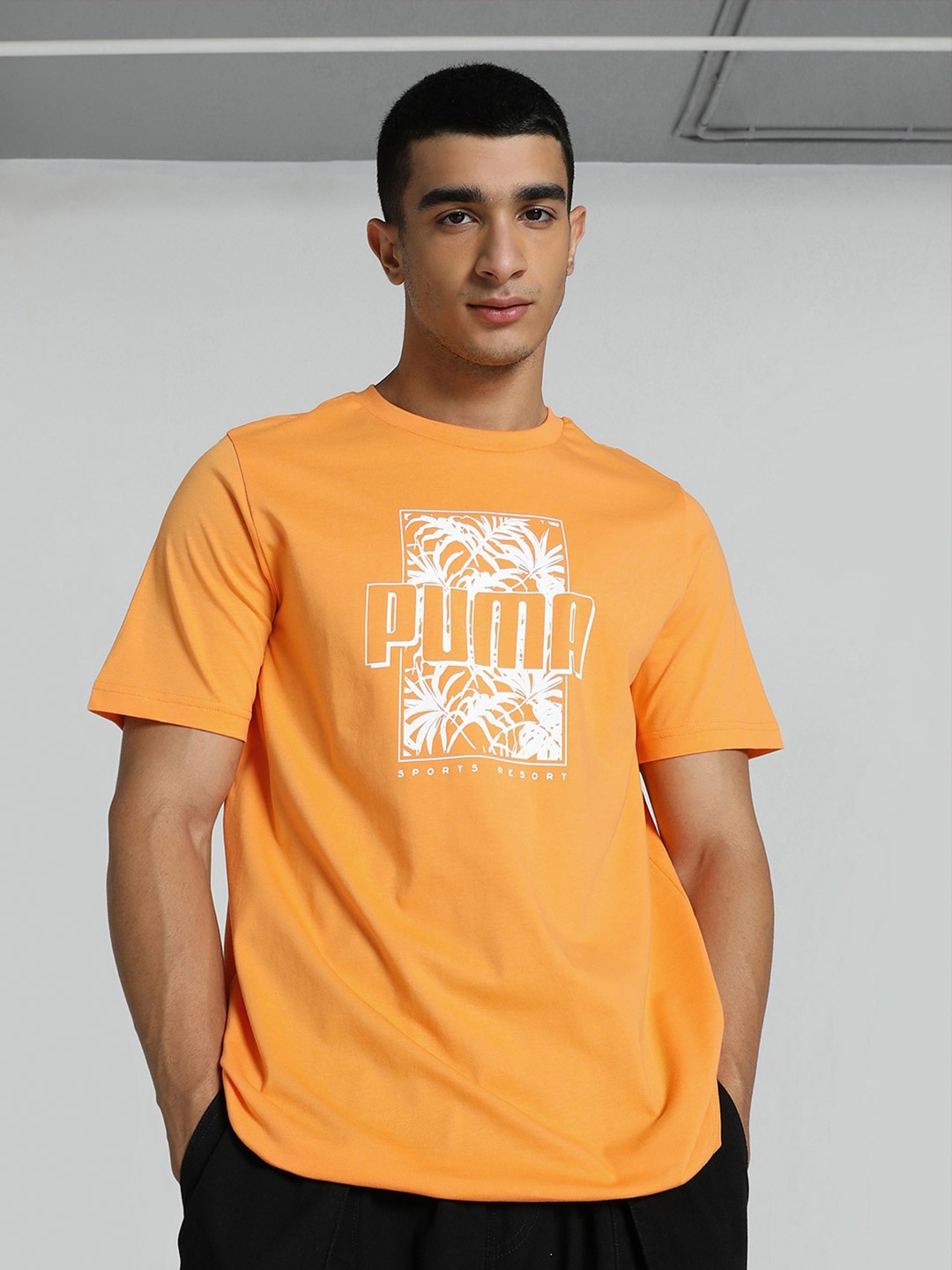 

Puma PALM RESORT Graphic Printed Cotton Crew Neck T-shirt, Orange