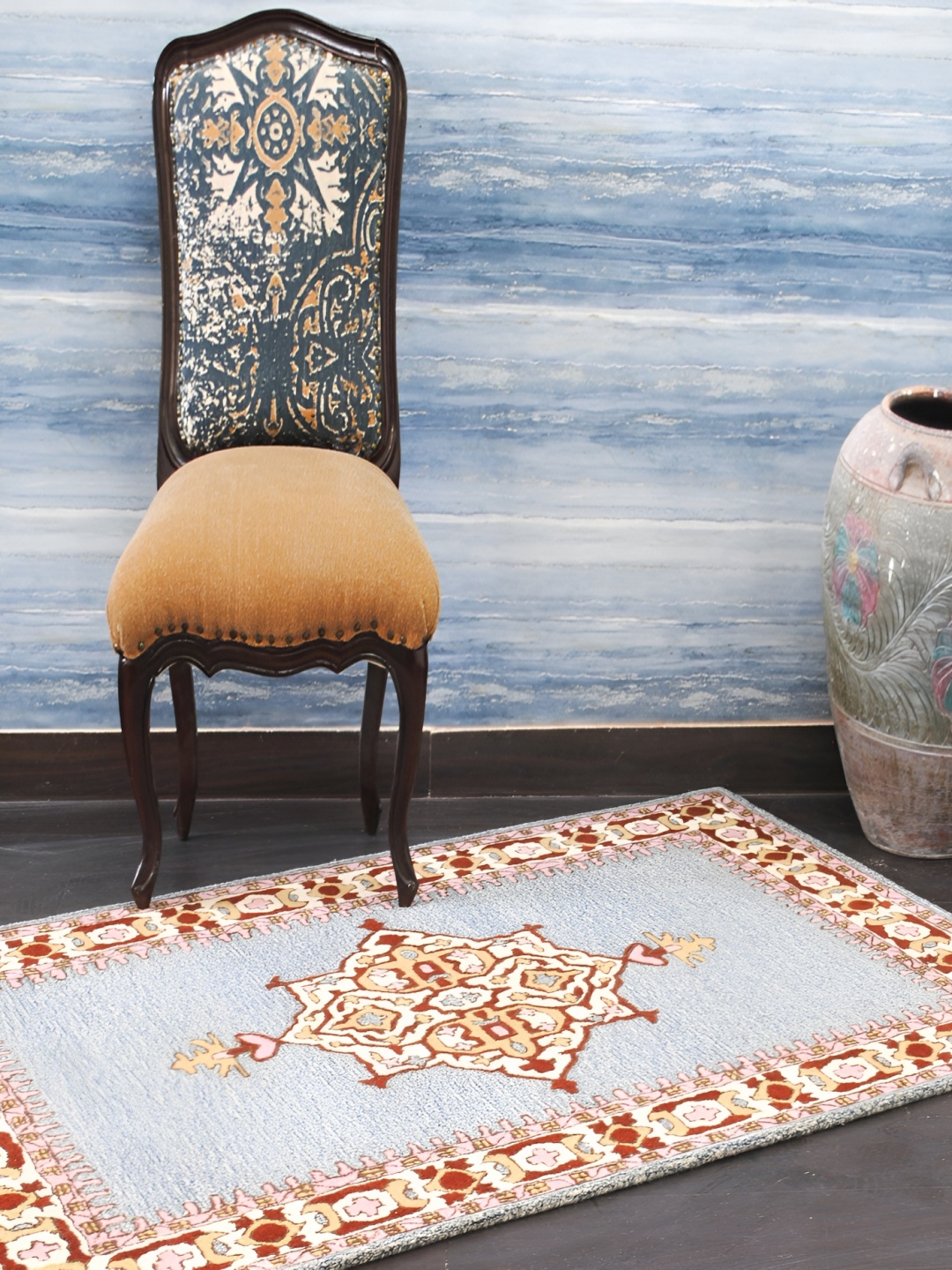 

Art Avenue Pink & Blue Ethnic Motifs Anti-Skid Woollen Carpet