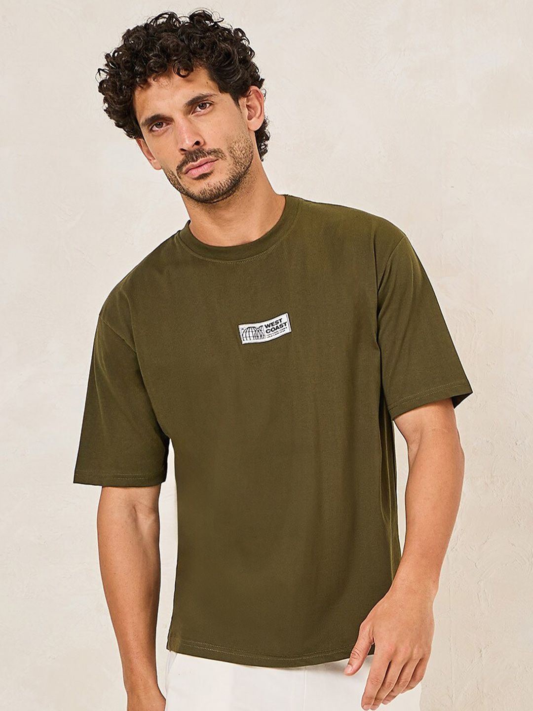 

Styli Back Slogan Print Oversize Cotton Rich T-shirt, Olive