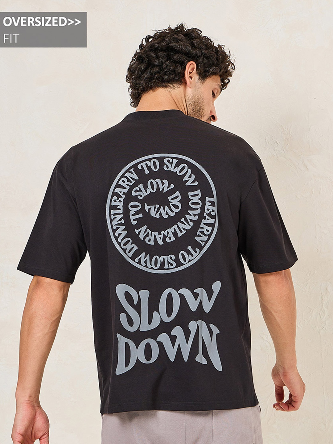 Styli Printed Oversized Cotton Rich T-shirt, Black