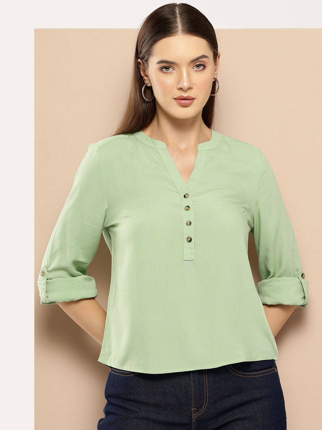 

Chemistry Roll-Up Sleeves Shirt Style Top, Lime green