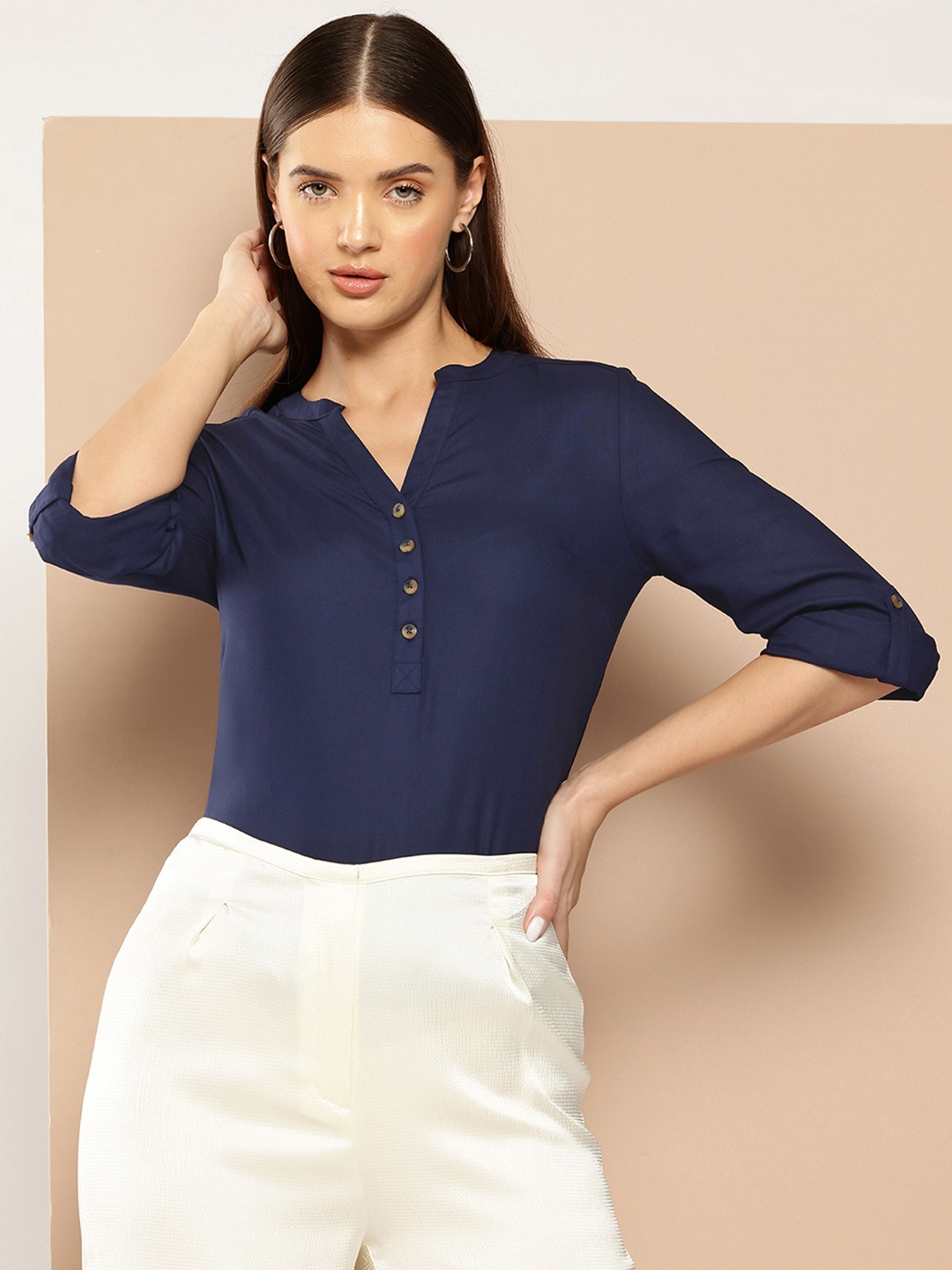 

Chemistry Mandarin Collar Shirt Style Top, Navy blue