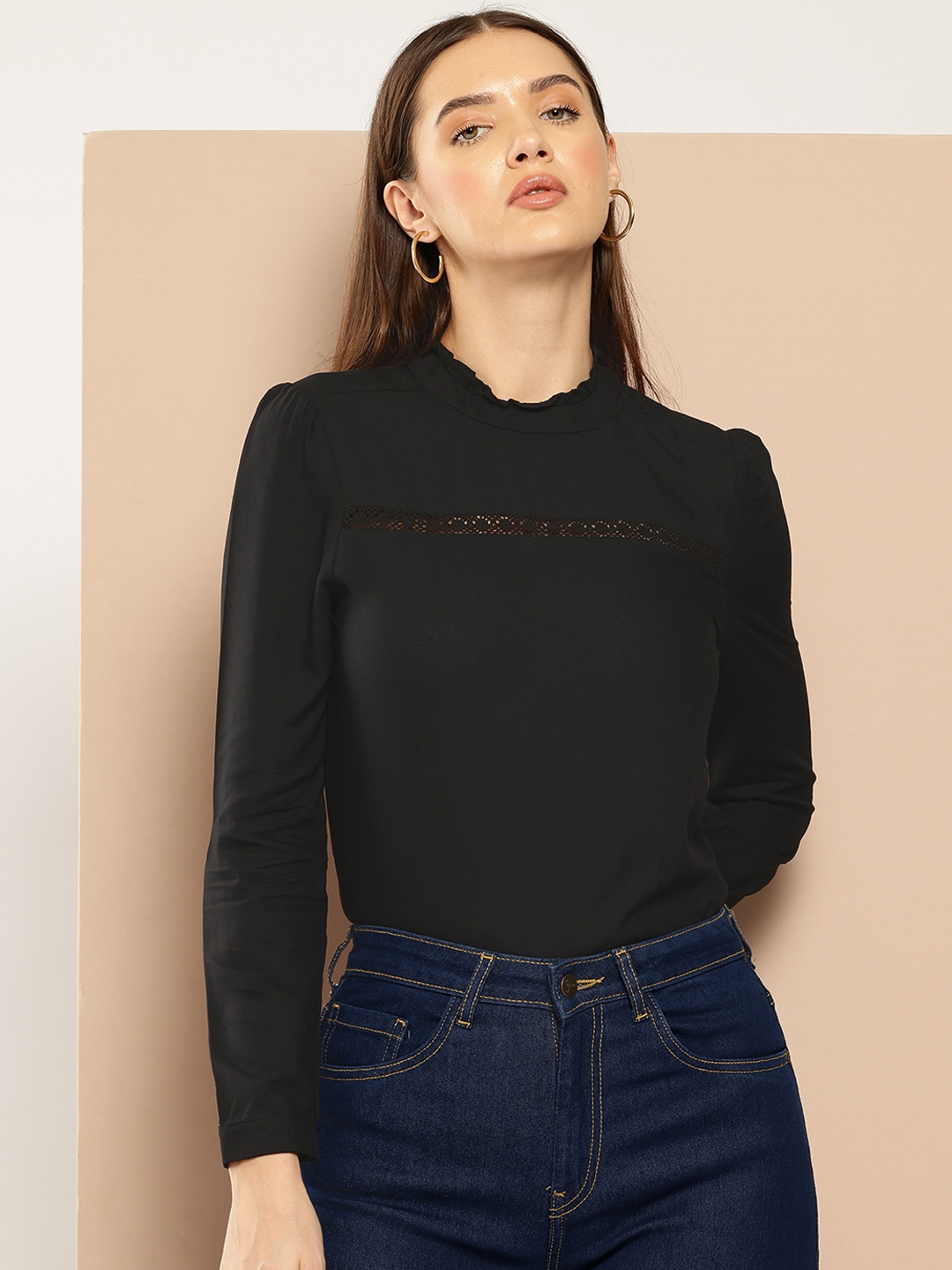 

Chemistry Ruffle Neck Full Sleeve Lace Top, Black