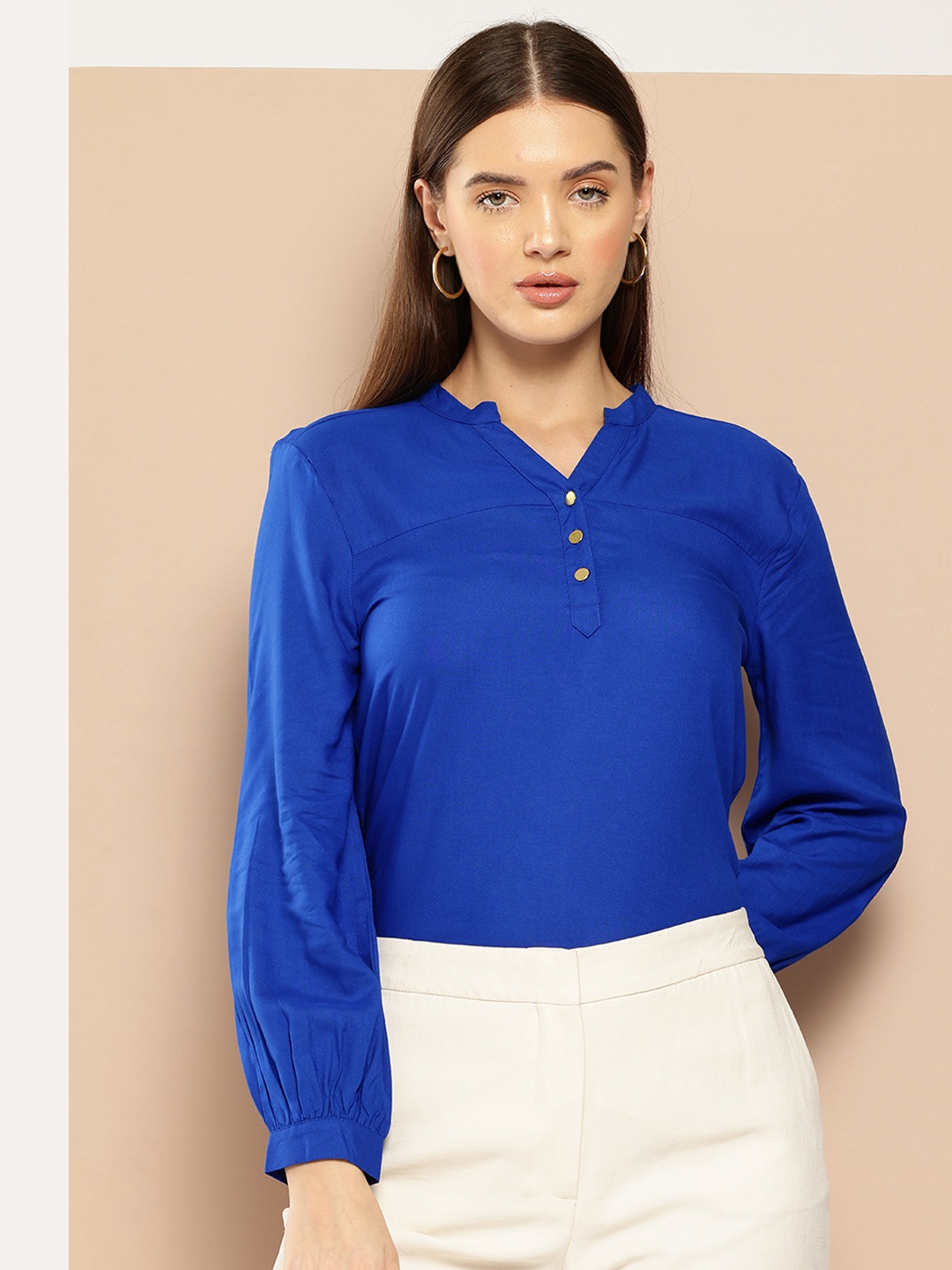 

Chemistry Mandarin Collar Shirt Style Top, Blue