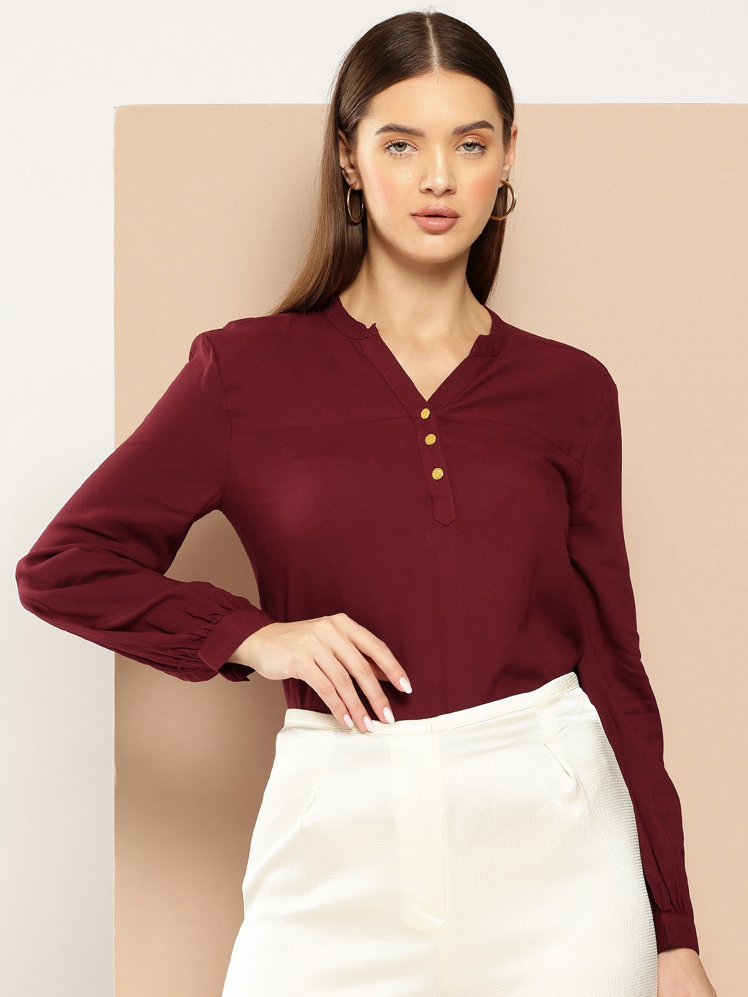 

Chemistry Mandarin Collar Shirt Style Top, Maroon