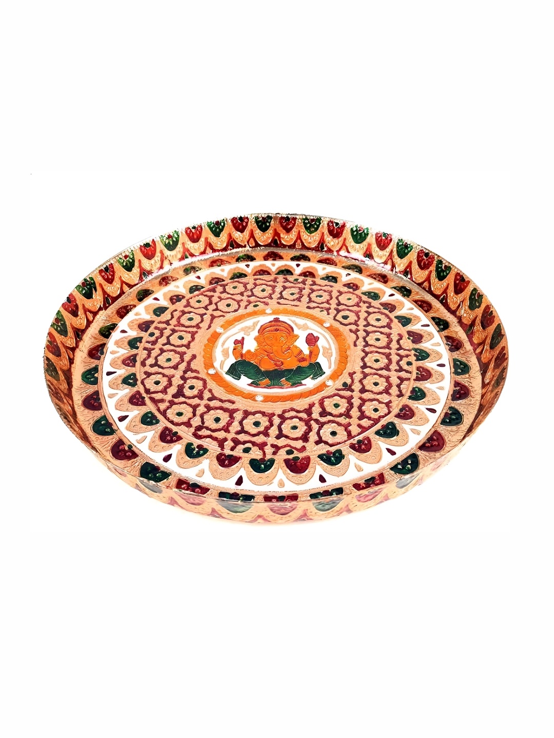 

apka mart Beige & Red Textured Pooja Thali Plate with Ganesh Design