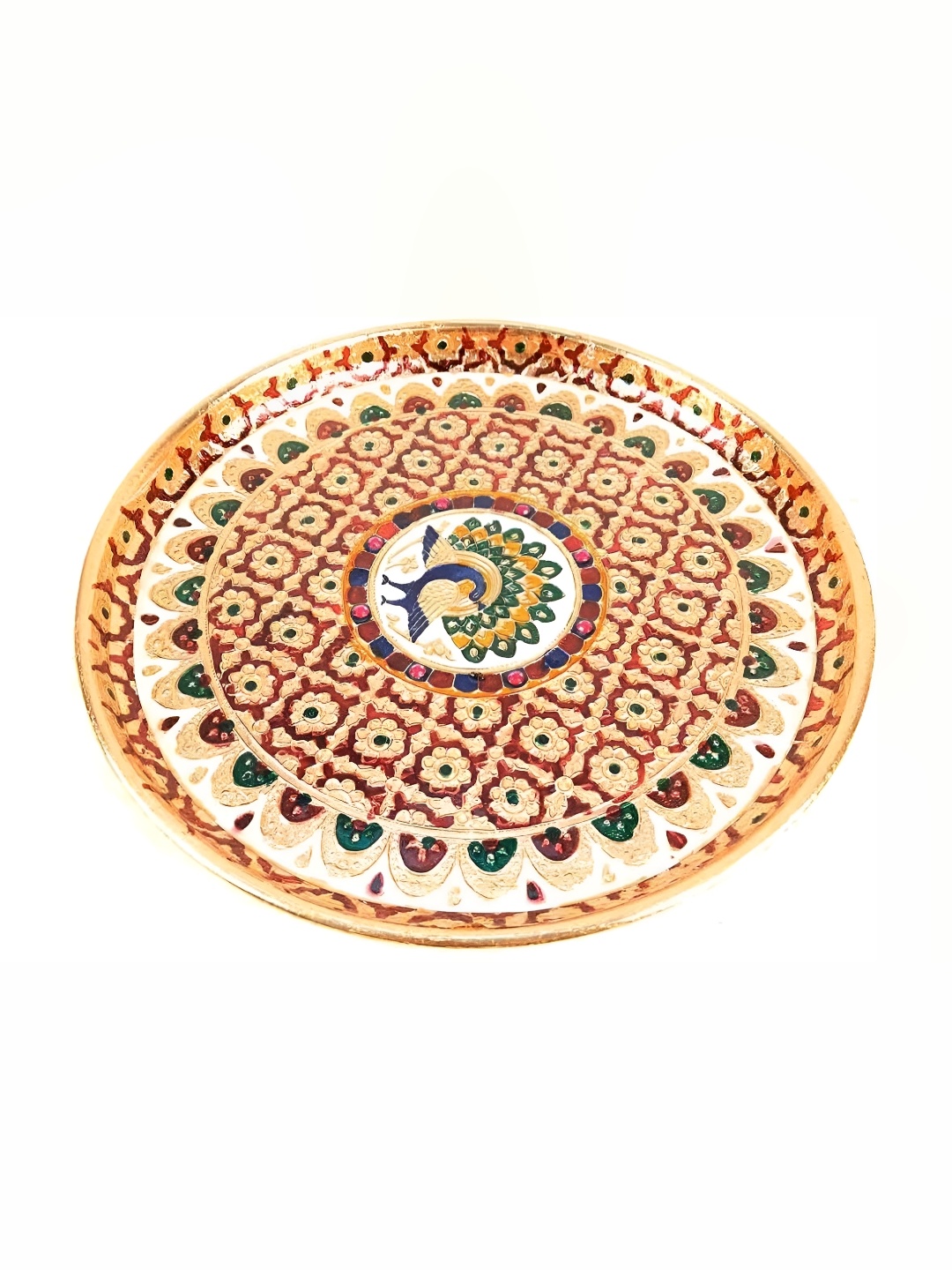 

apka mart Beige & Red Textured Pooja Thali Plate With Peacock Design