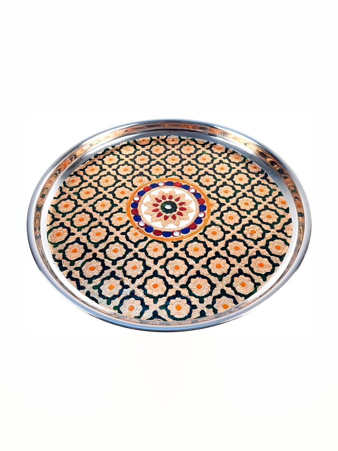 

apka mart Beige & Green Textured Pooja Thali Plate, Steel