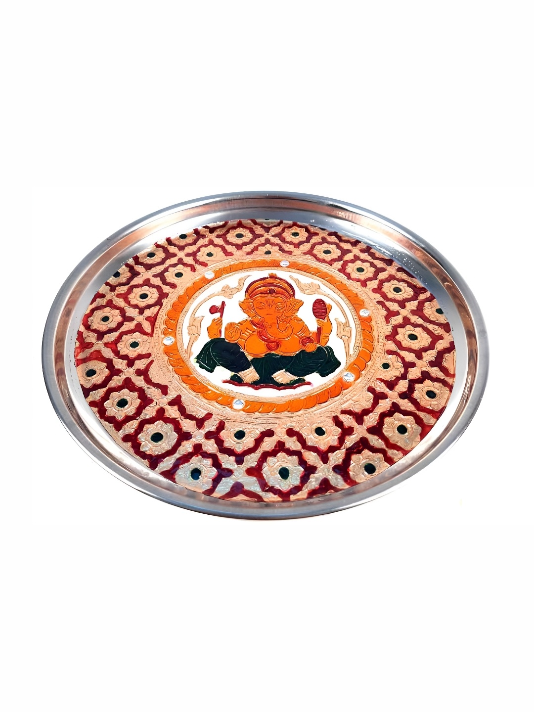 

apka mart Beige & Red Textured Pooja Thali Plate with Ganesh Design
