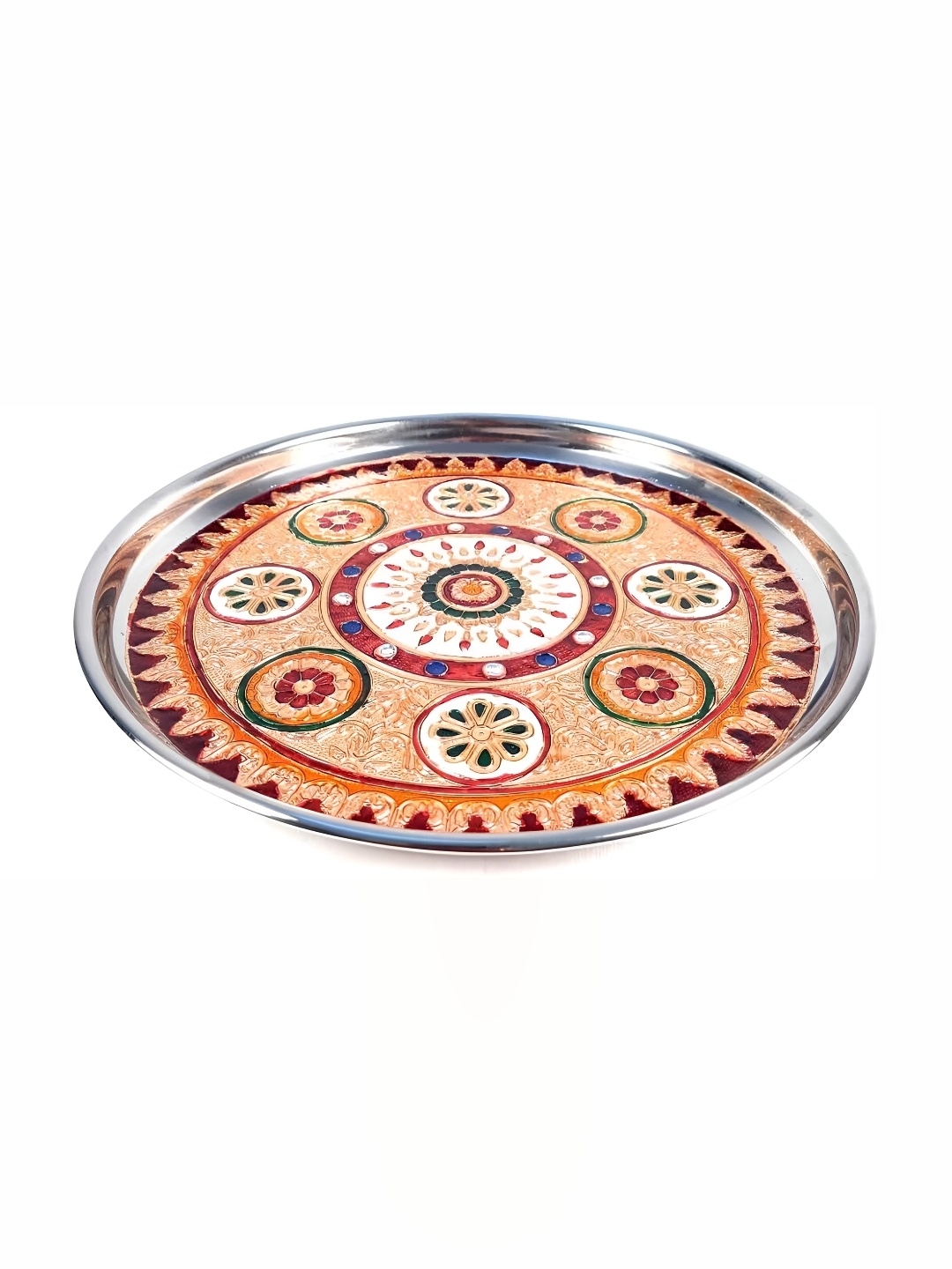 

apka mart Beige & Red Textured Pooja Thali Plate with Flower Design, Steel