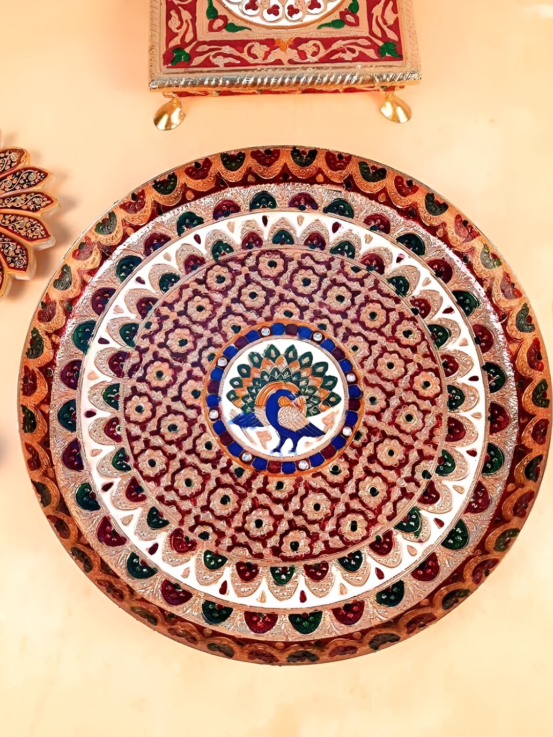 

Apka Mart Beige & Red Textured Pooja Thali Plate with Peacock Design, Multi