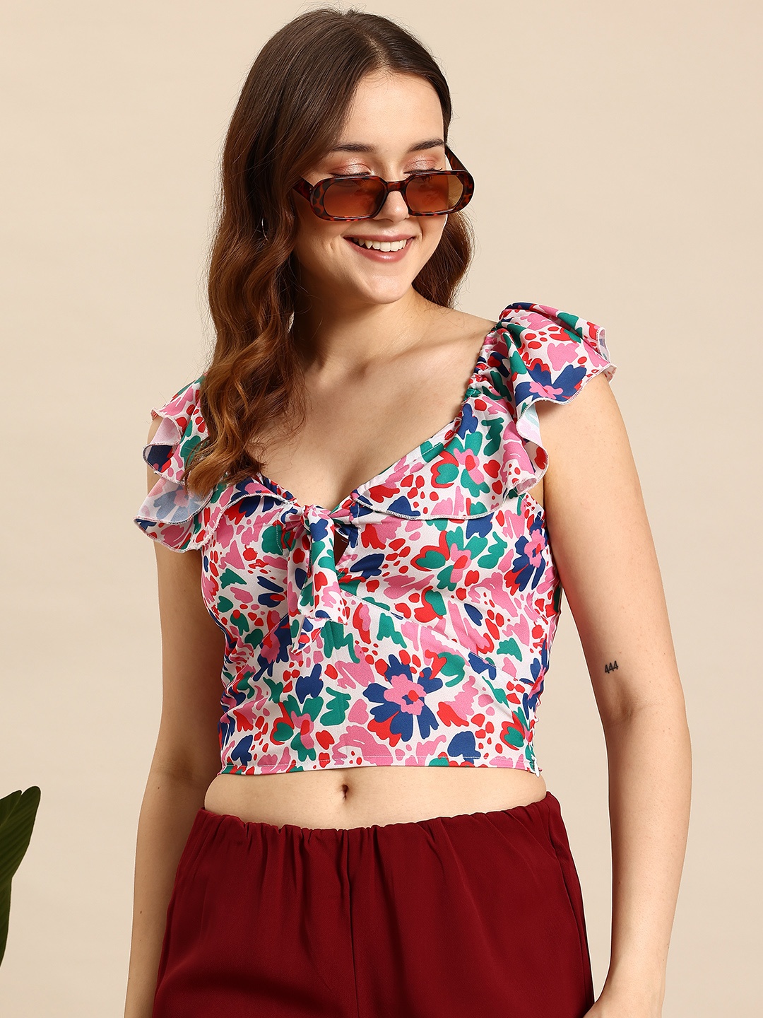 

Mast & Harbour Printed Sweetheart Neck Crop Top, Multi