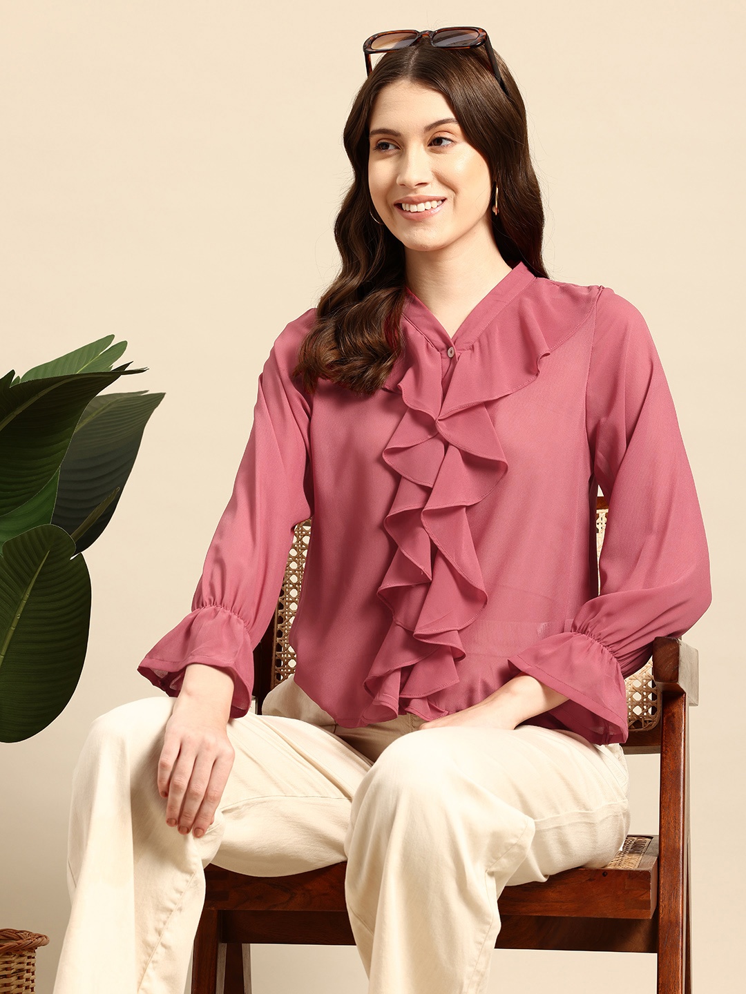 

Mast & Harbour Puff Sleeve Ruffles Shirt Style Top, Rose