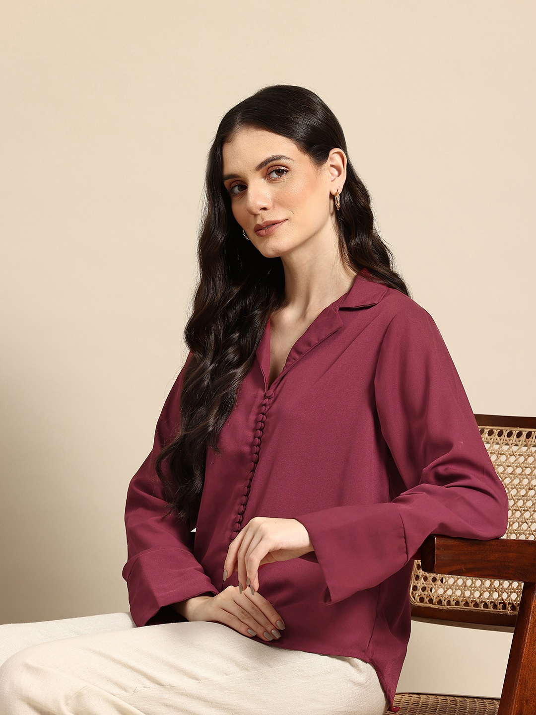 

Mast & Harbour Cuban Collar Shirt Style Top, Burgundy