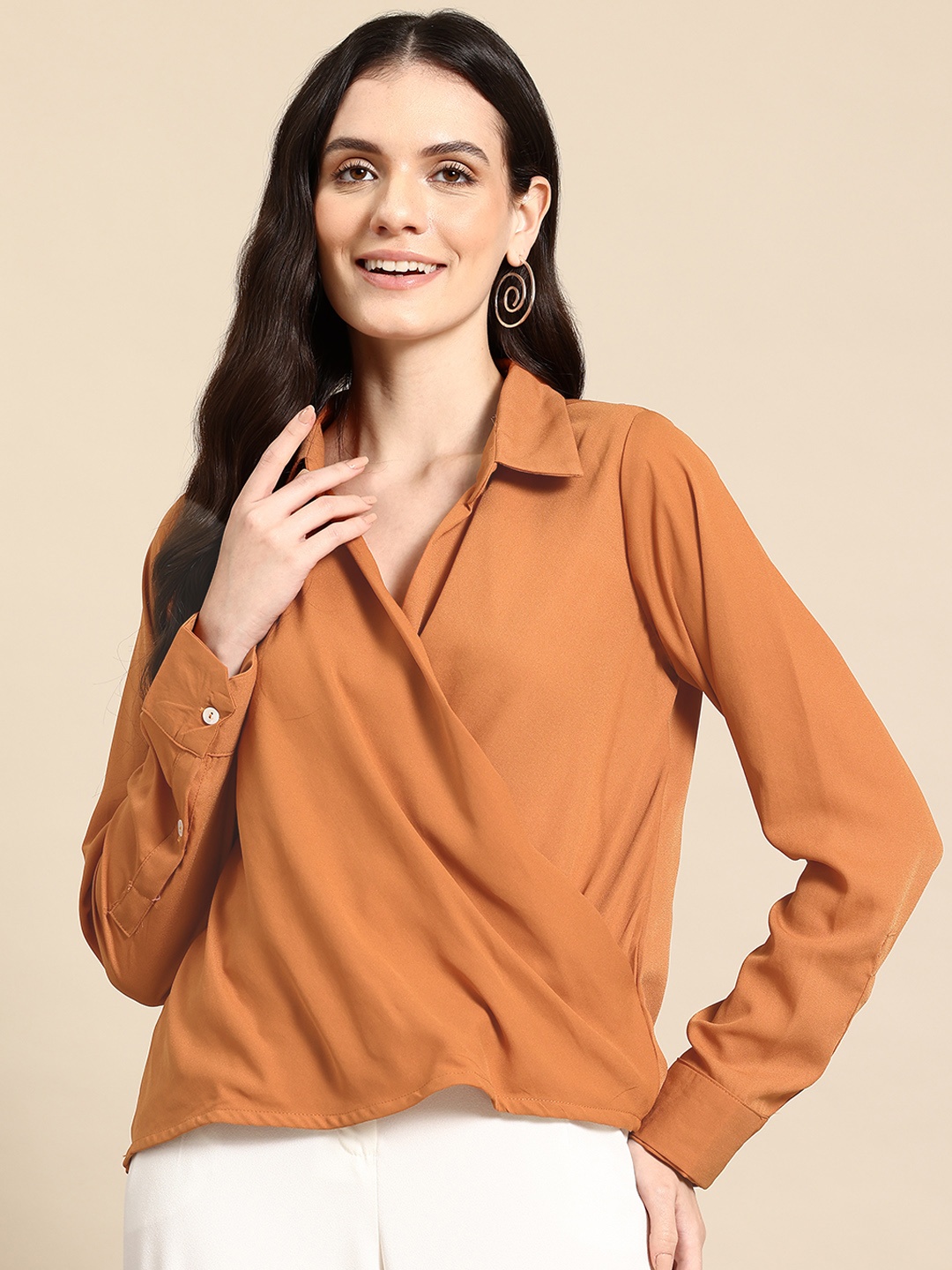 

Mast & Harbour Shirt Style Wrap Top, Rust