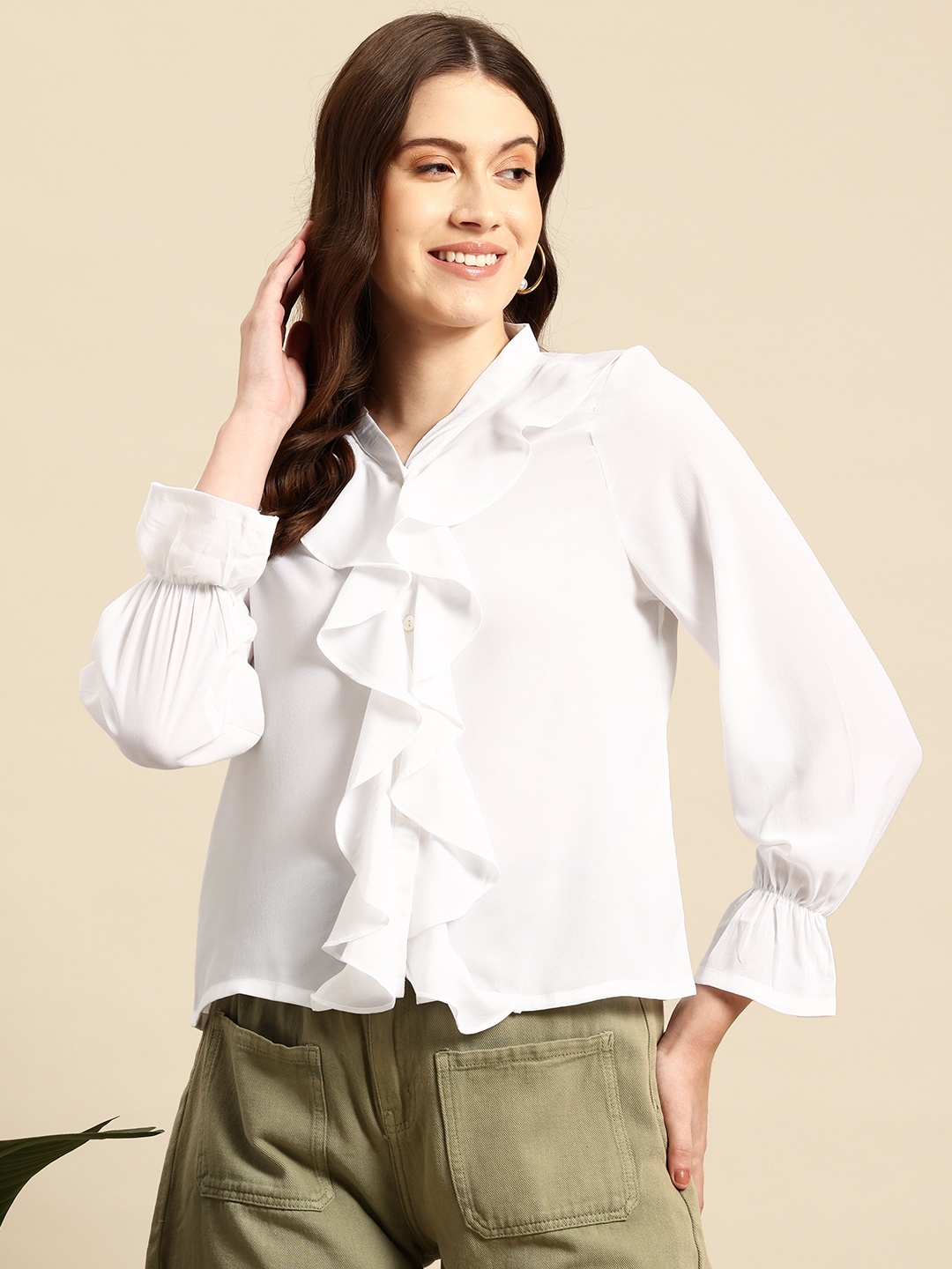 

Mast & Harbour Puff Sleeves Ruffled Shirt Style Top, White