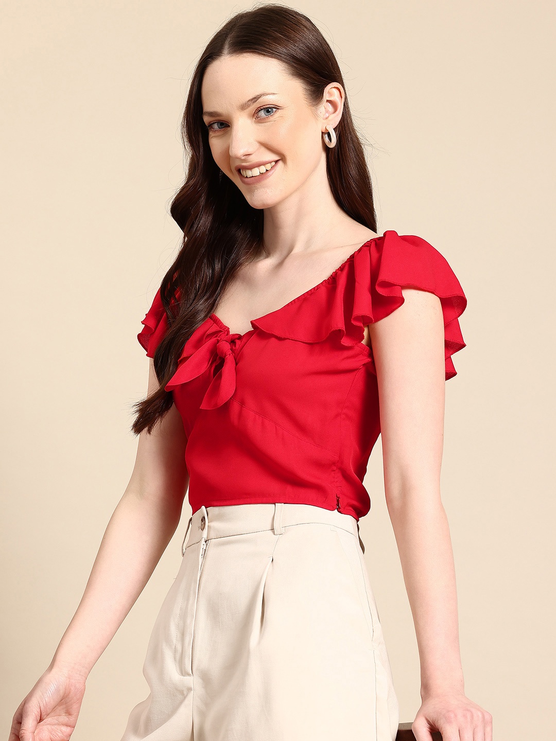 

Mast & Harbour Flutter Sleeve Ruffled Smocked Top, Red