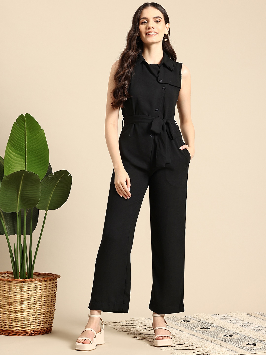 

Mast & Harbour Spread Collar Waist Tie-Up Basic Jumpsuit, Black