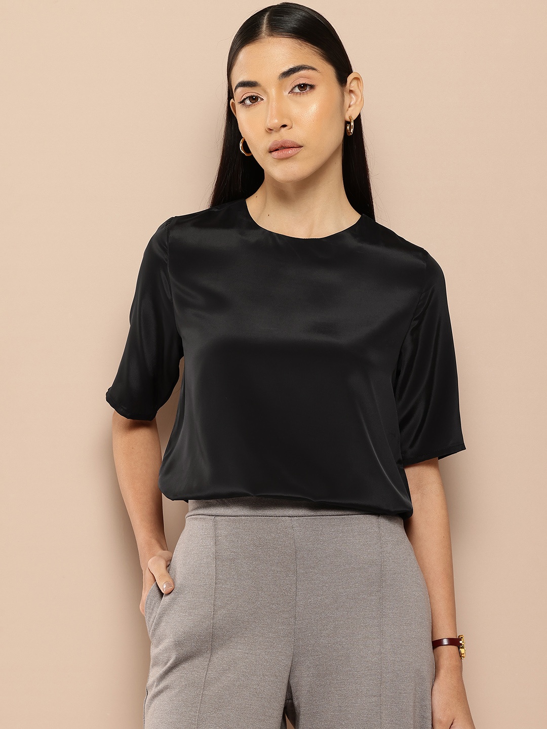 

Chemistry Satin Round Neck Top, Black