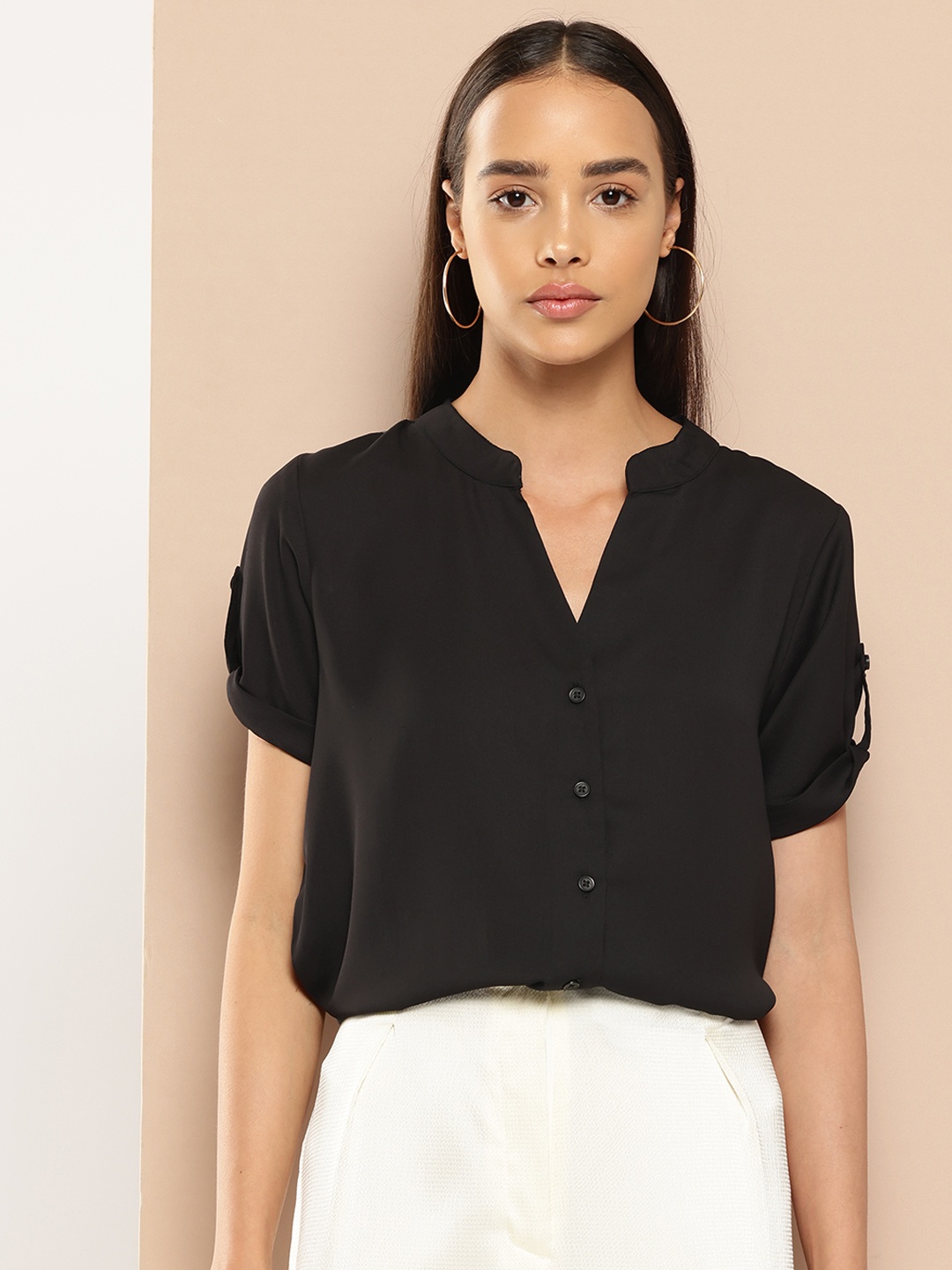 

Chemistry Mandarin Collar Roll-Up Sleeves Shirt Style Top, Black