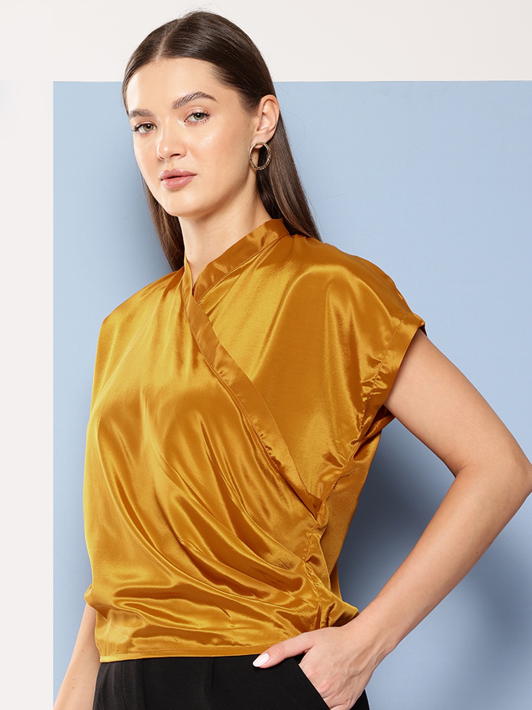 

Chemistry Extended Sleeves Satin-Finish Wrap Top, Mustard