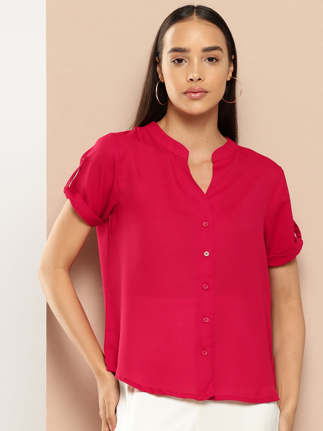 

Chemistry Roll-Up Sleeves Shirt Style Top, Maroon