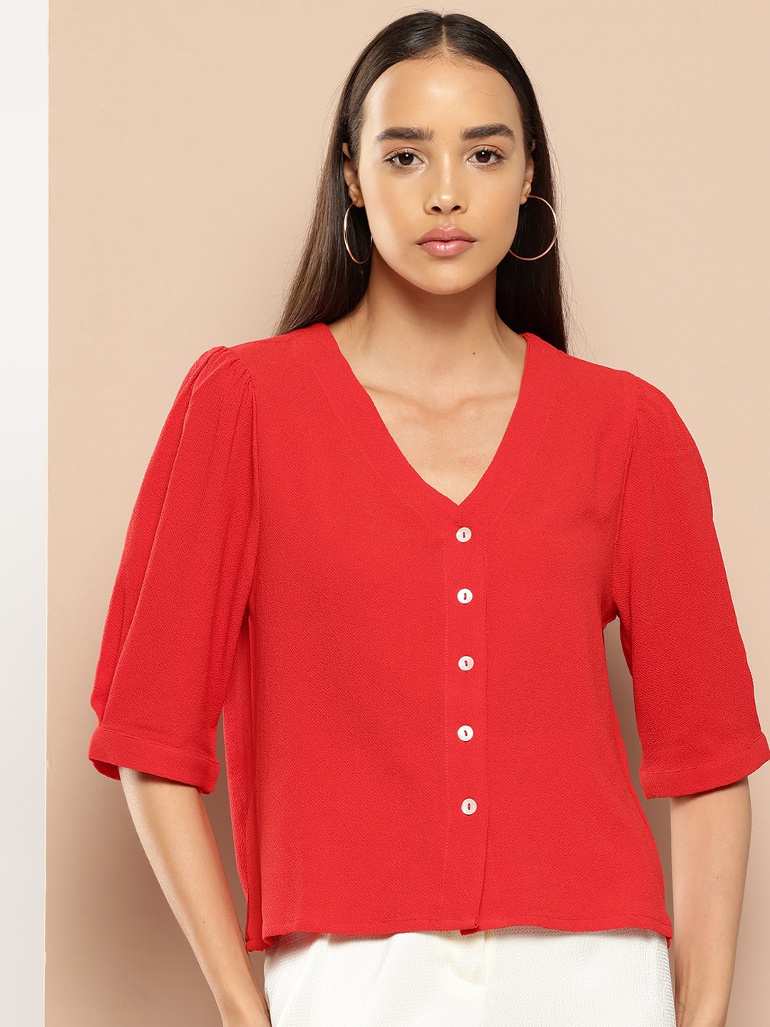 

Chemistry Puff Sleeve Shirt Style Top, Red