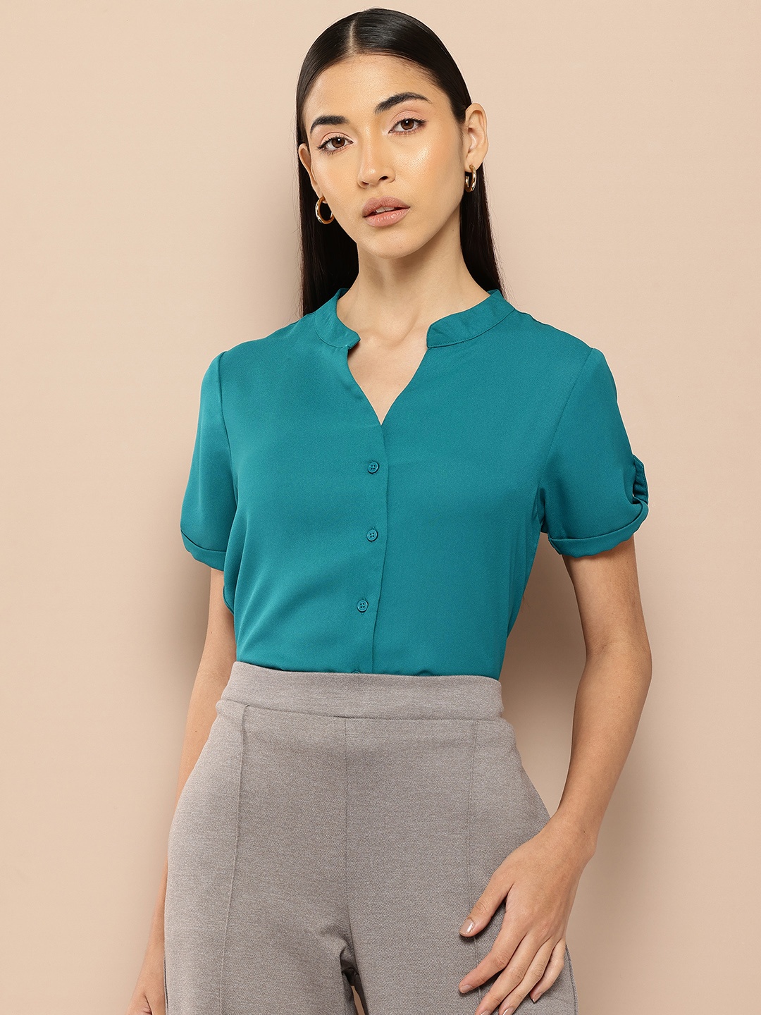 

Chemistry Mandarin Collar Roll-Up Sleeves Shirt Style Top, Green