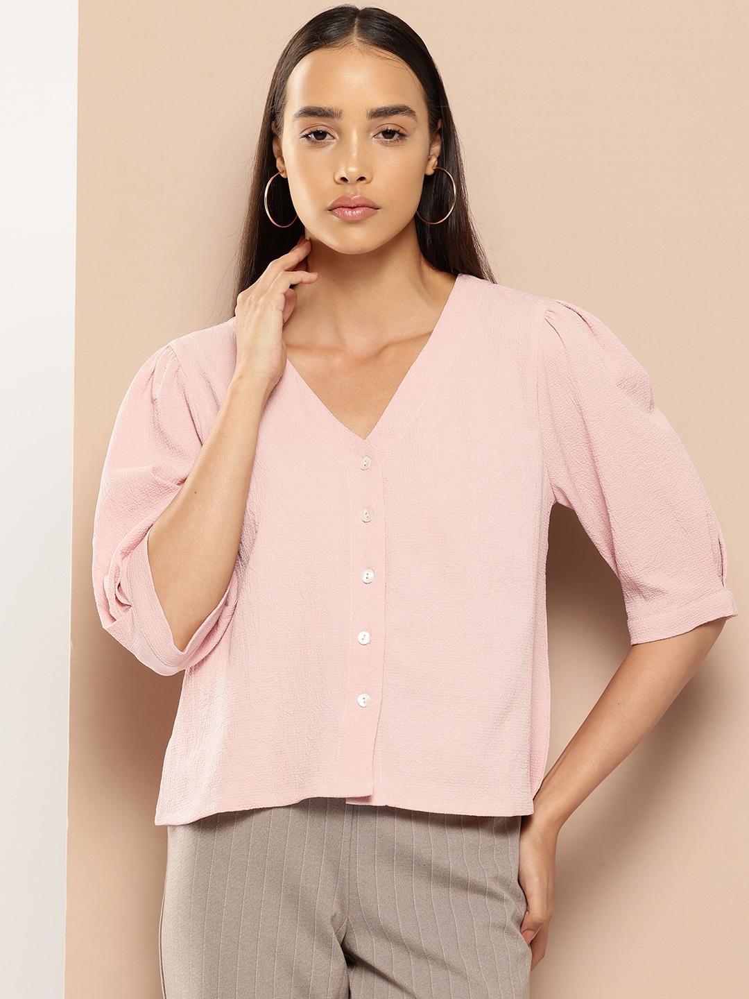 

Chemistry Puff Sleeves Shirt Style Top, Peach