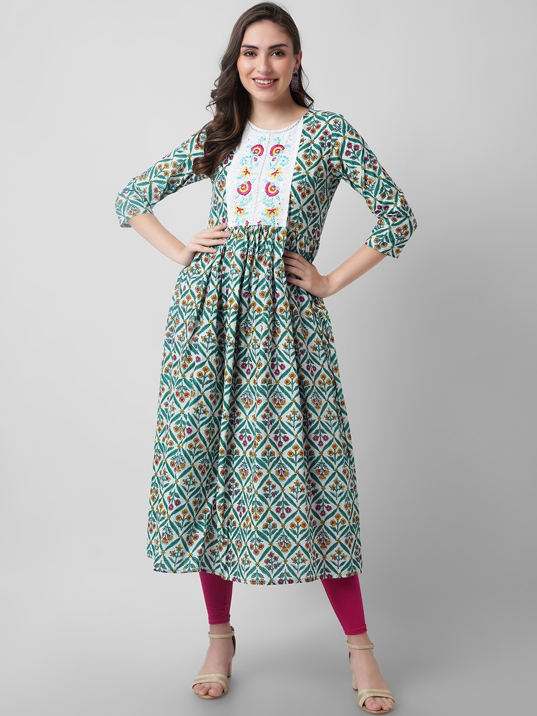 

JANAKDULARI CREATION Floral Printed Thread Work Anarkali Kurta, Sea green