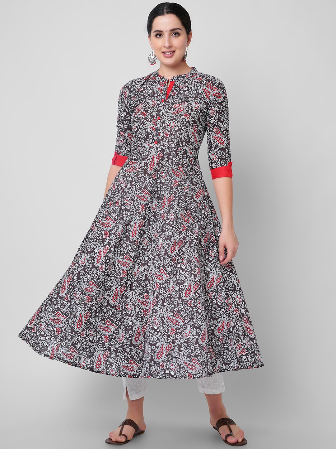 

JANAKDULARI CREATION Floral Printed Mandarin Collar Thread Work A-Line Kurta, Red