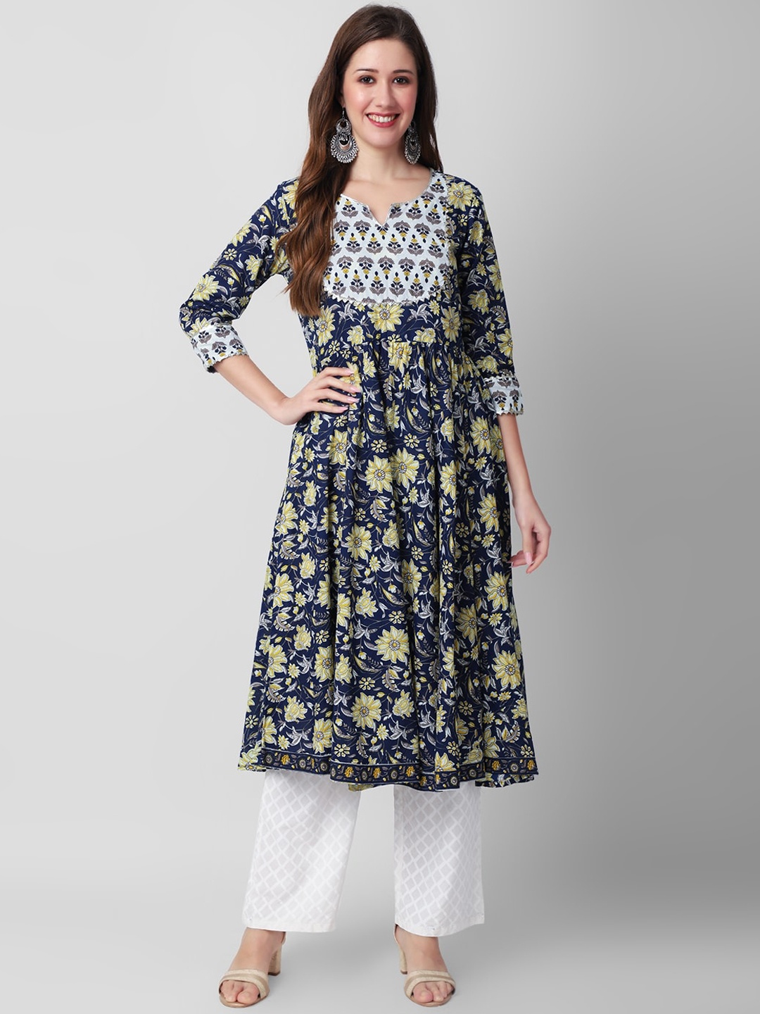 

JANAKDULARI CREATION Floral Printed Notch Neck Pure Cotton Anarkali Kurta, Blue