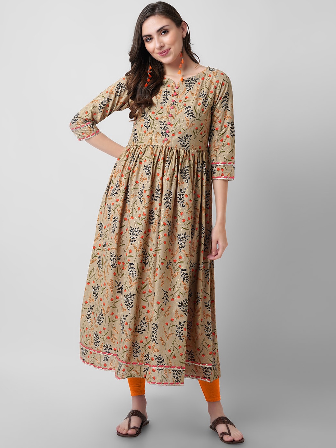 

JANAKDULARI CREATION Floral Printed Notched Neck Cotton A-Line Kurta, Brown