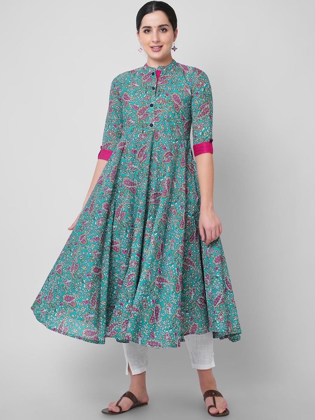 

JANAKDULARI CREATION Floral Printed Mandarin Collar A-Line Kurta, Blue
