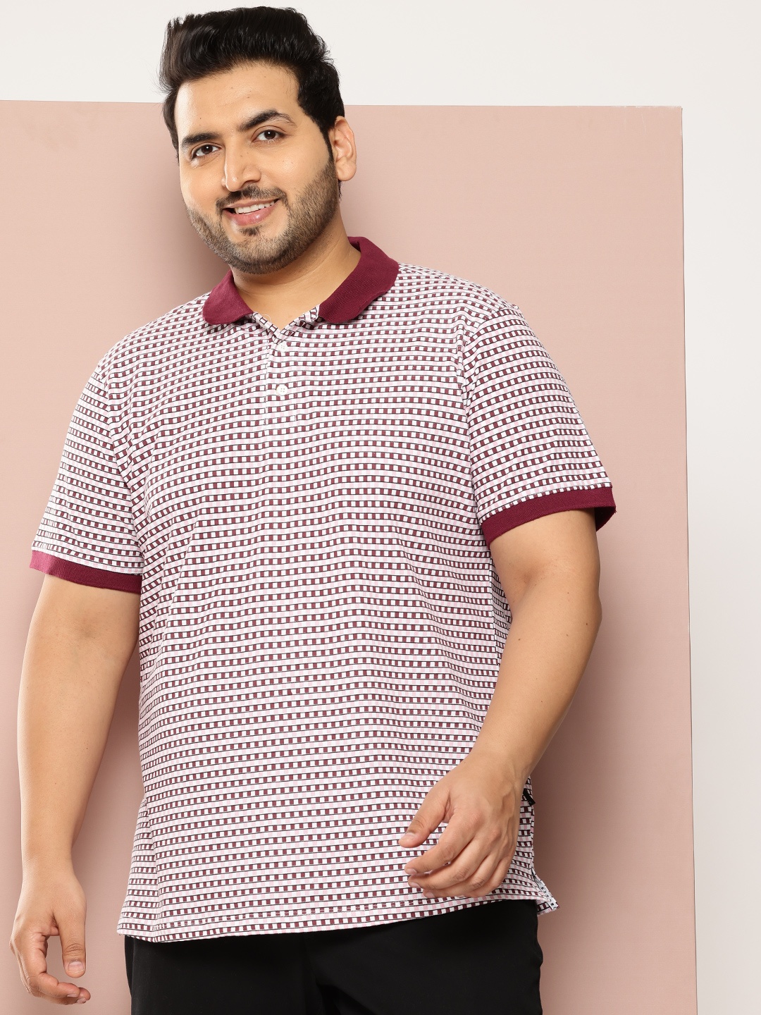 

Sztori Plus Size Polo Collar Checked T-Shirt, White