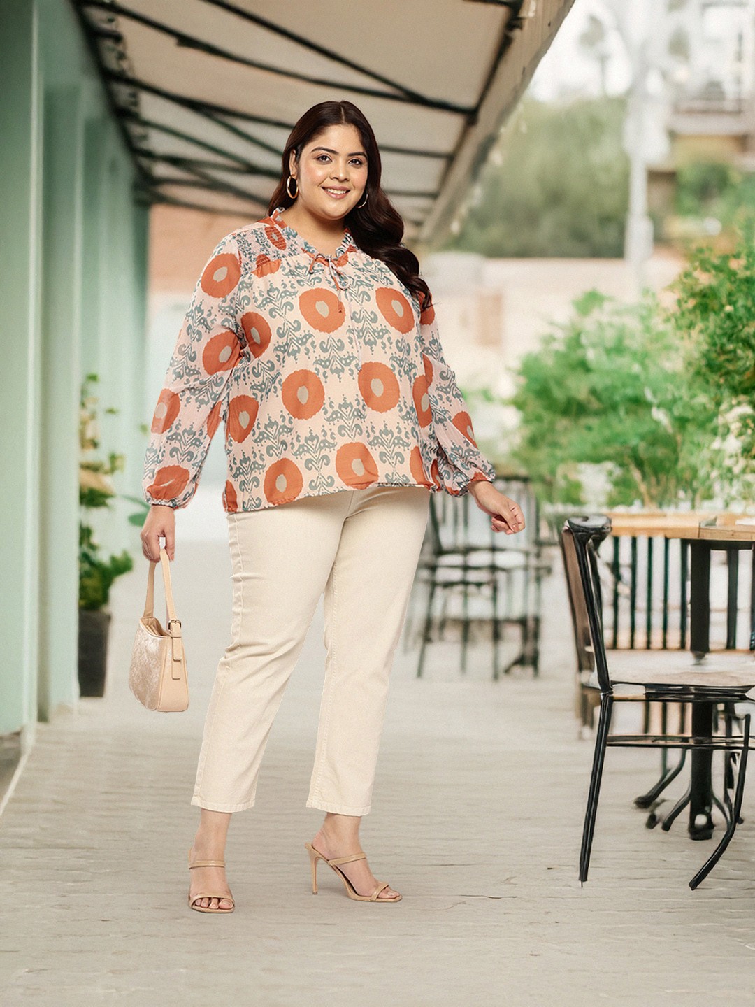 

Sztori Plus Size Printed Tie-Up Neck Puff Sleeve Top, Beige