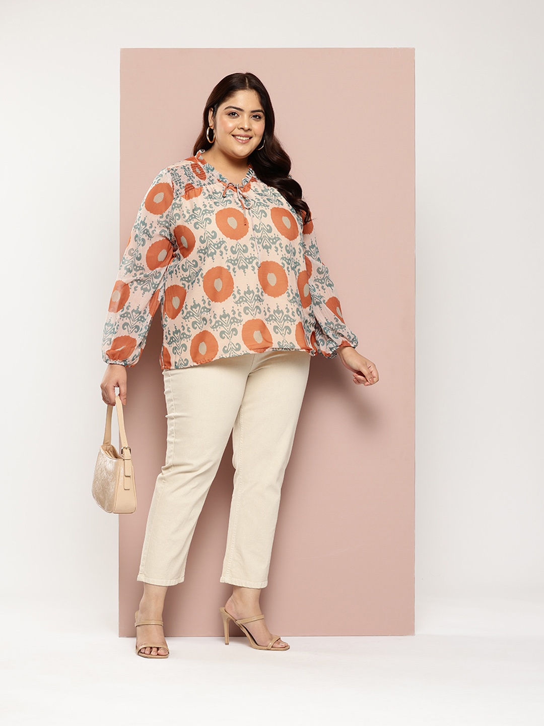 

Sztori Plus Size Printed Tie-Up Neck Puff Sleeve Top, Beige