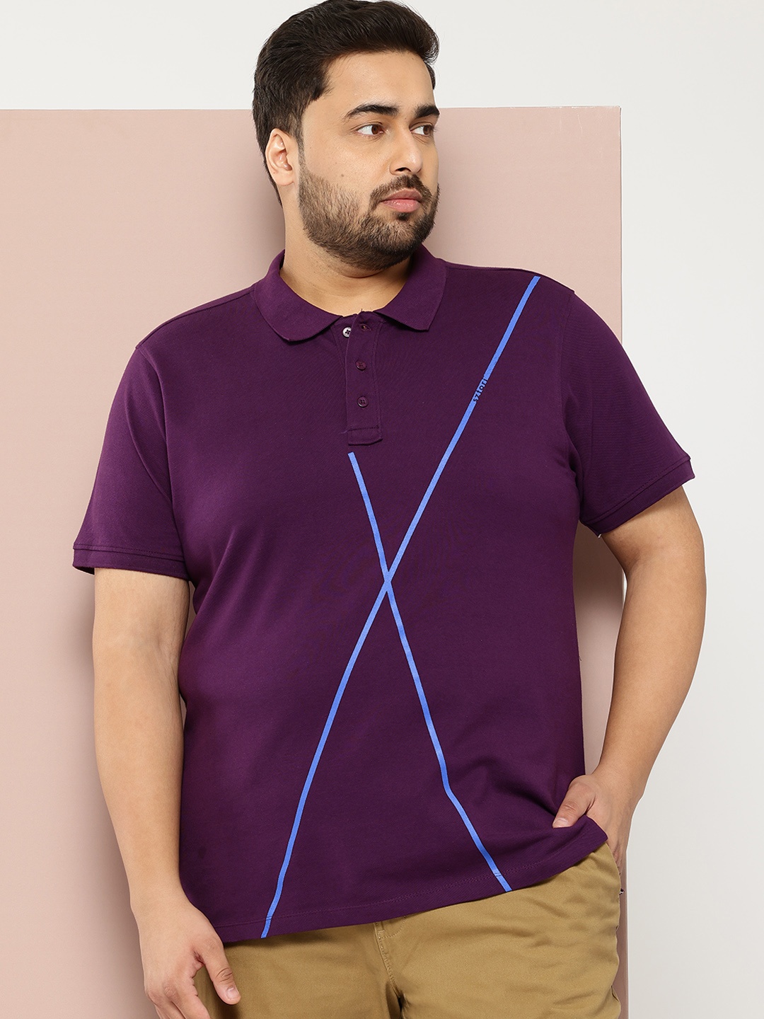 

Sztori Plus Size Printed Polo Collar T-shirt, Purple