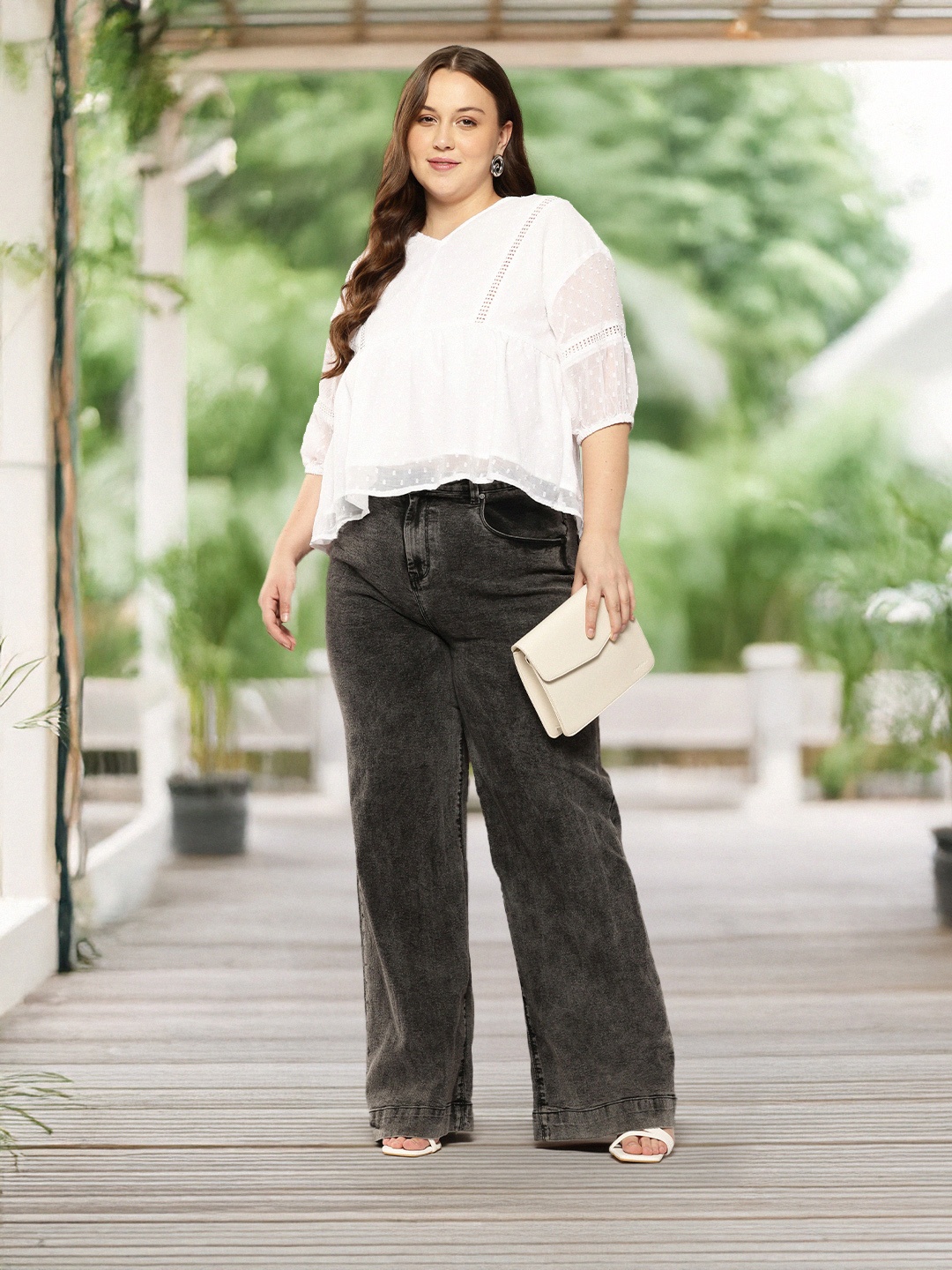 

Sztori Plus Size Puff Sleeves Dobby Weave Peplum Top, White