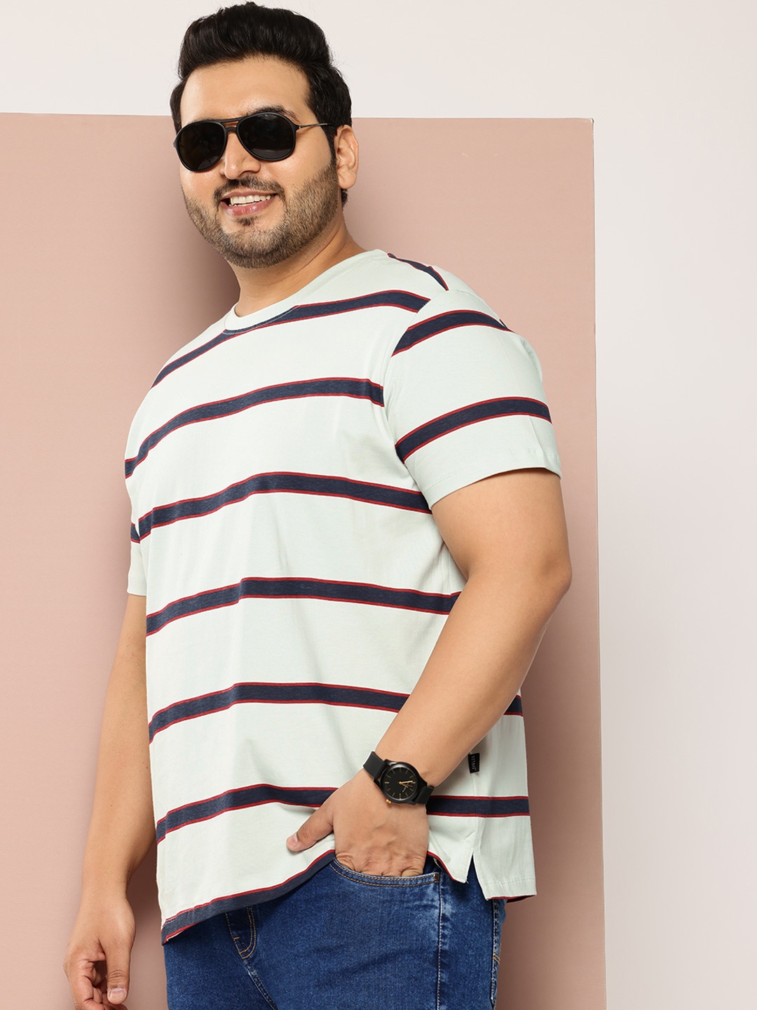 

Sztori Plus Size Striped Pure Cotton T-shirt, White