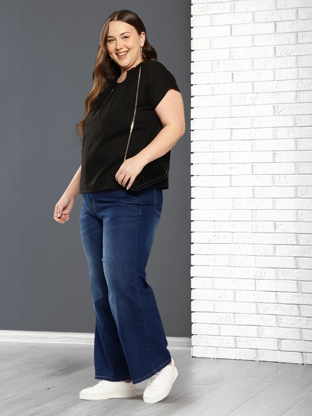 

Sztori Plus Size Tie-Up Neck Smocked Cotton Top, Black