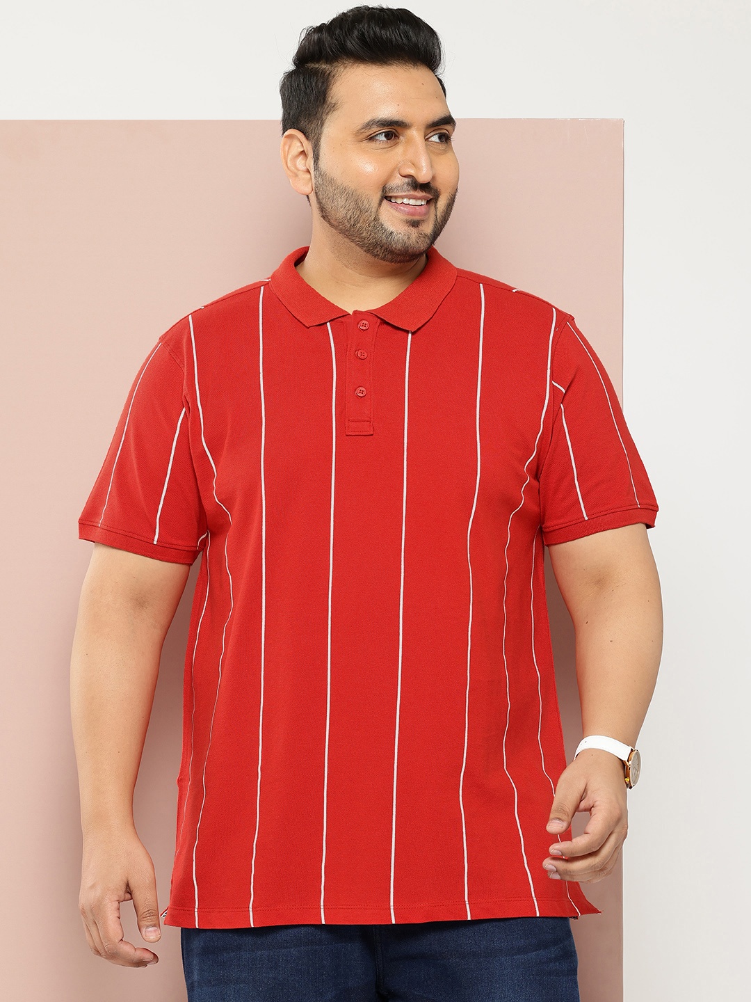

Sztori Plus Size Striped Polo Collar T-shirt, Rust