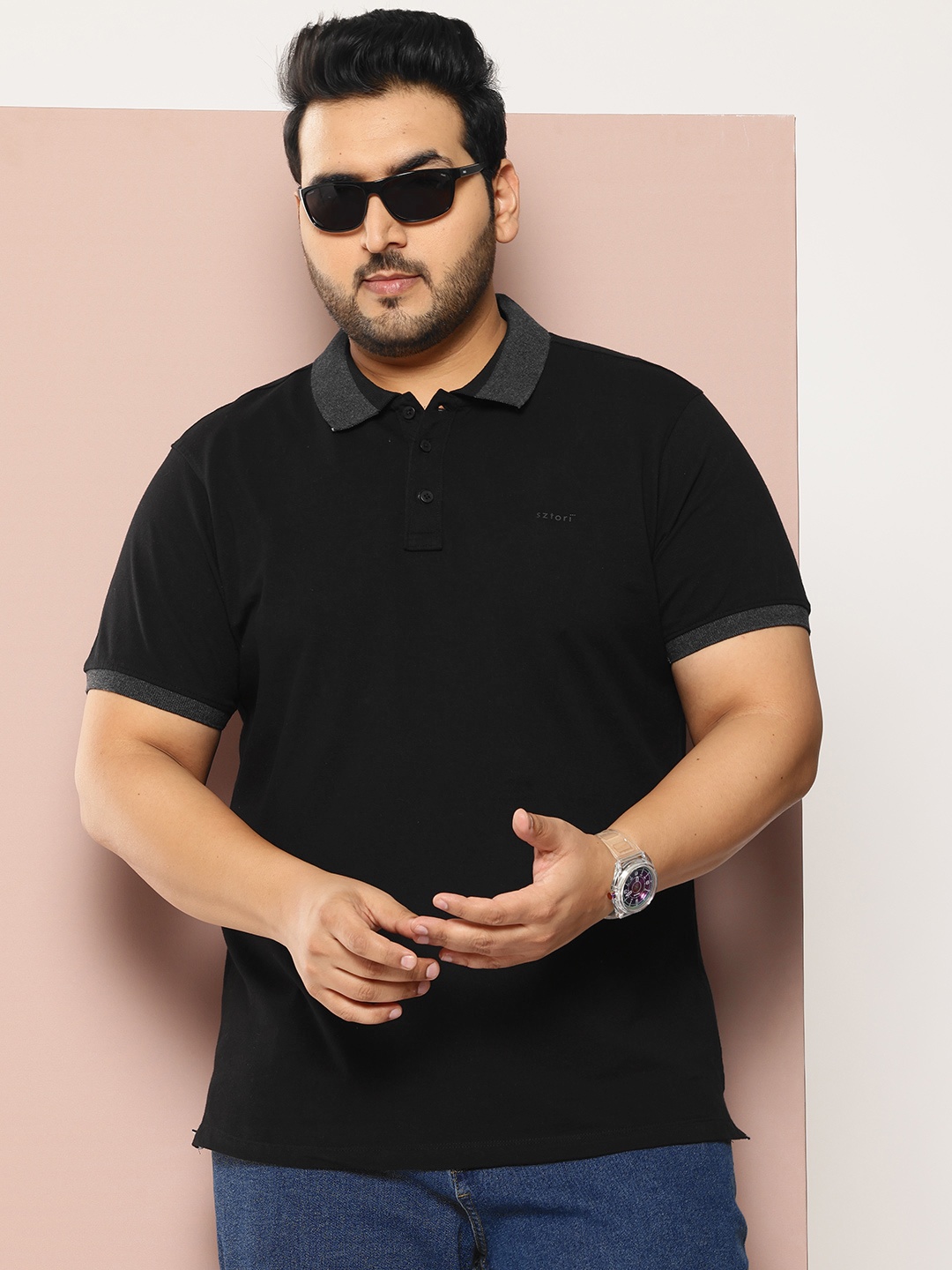 

Sztori Plus Size Polo Collar T-shirt, Black