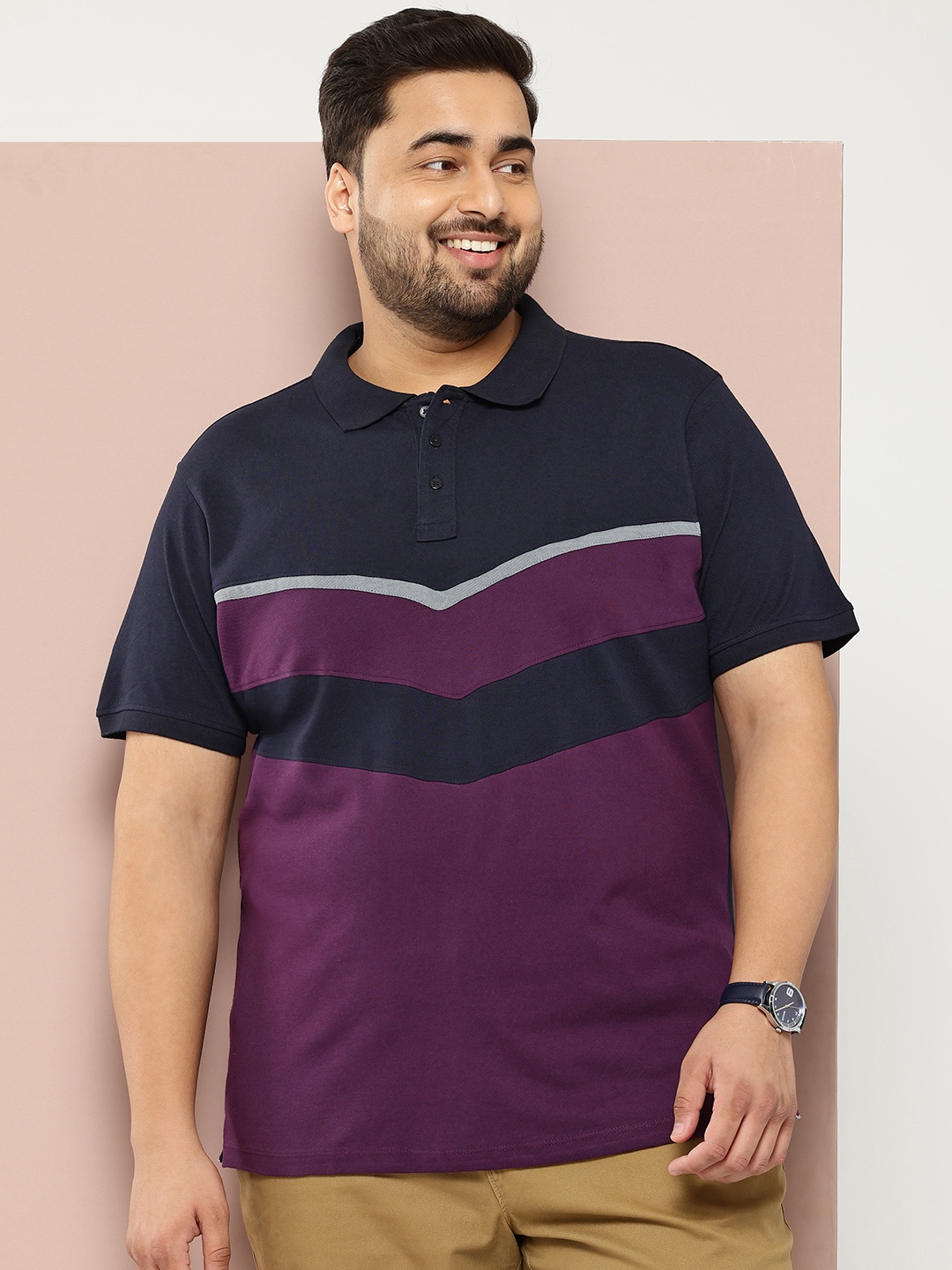 

Sztori Plus Size Striped Polo Collar T-shirt, Navy blue