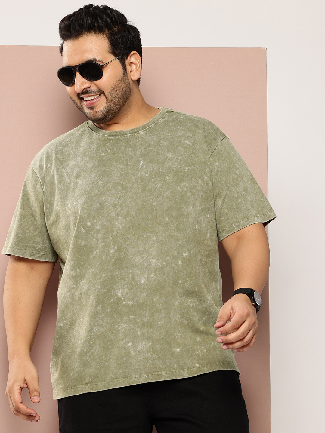 

Sztori Plus Size Pure Cotton Washed Effect Slim Fit T-shirt, Olive